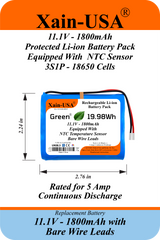 Xain-USA 11.1V 1800mAh Rechargeable Li-ion Battery Pack | 19.98Wh | 5A Continuous Discharge | Bare Wire Leads | Built-In BMS & 10KΩ NTC Thermistor | Emergency Lighting, DIY & Electronics