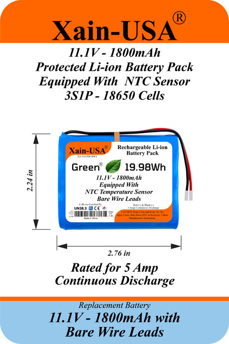 Xain-USA 11.1V 1800mAh Rechargeable Li-ion Battery Pack | 19.98Wh | 5A Continuous Discharge | Bare Wire Leads | Built-In BMS & 10KΩ NTC Thermistor | Emergency Lighting, DIY & Electronics