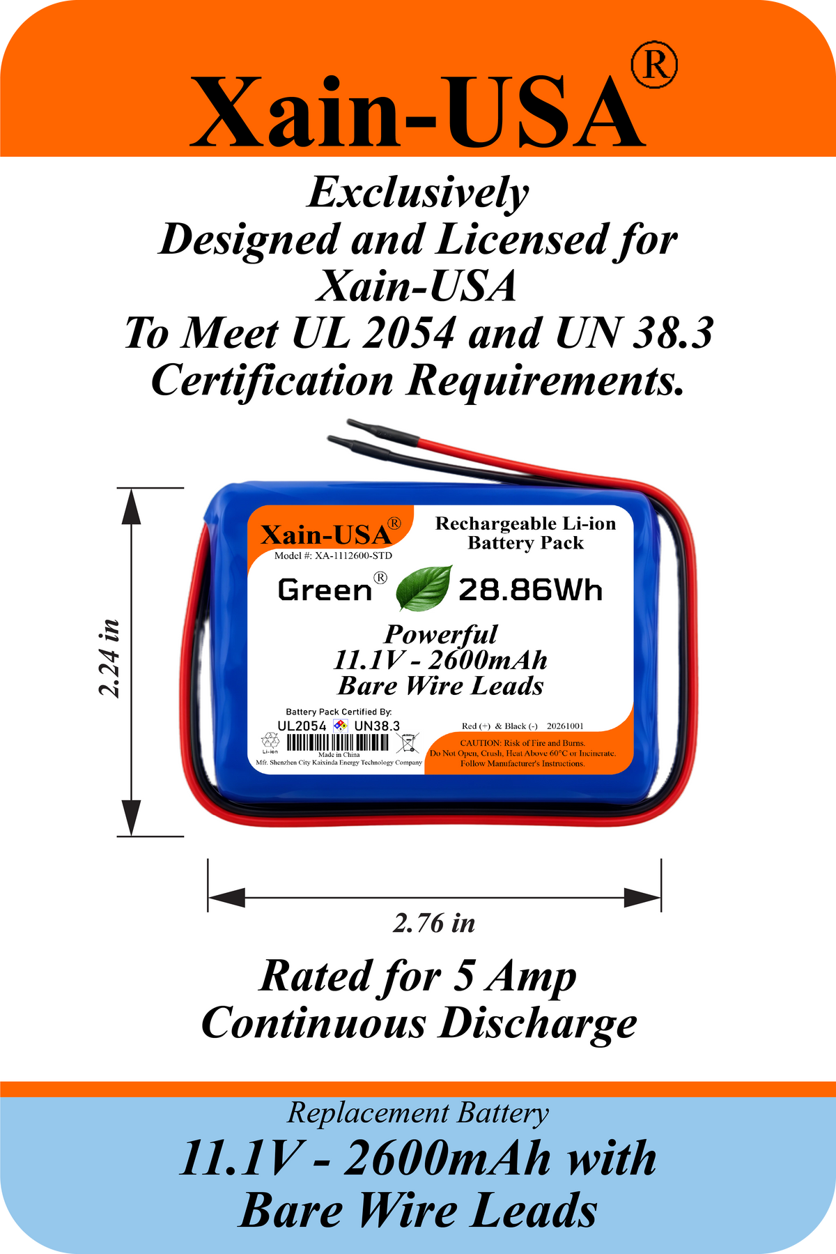 UL2054 Certified, 11.1V 2600mAh Li-ion Battery, 5A Cont., Bare Wire Leads