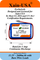 UL2054 Certified, 11.1V 2600mAh Li-ion Battery, 5A Cont., Bare Wire Leads