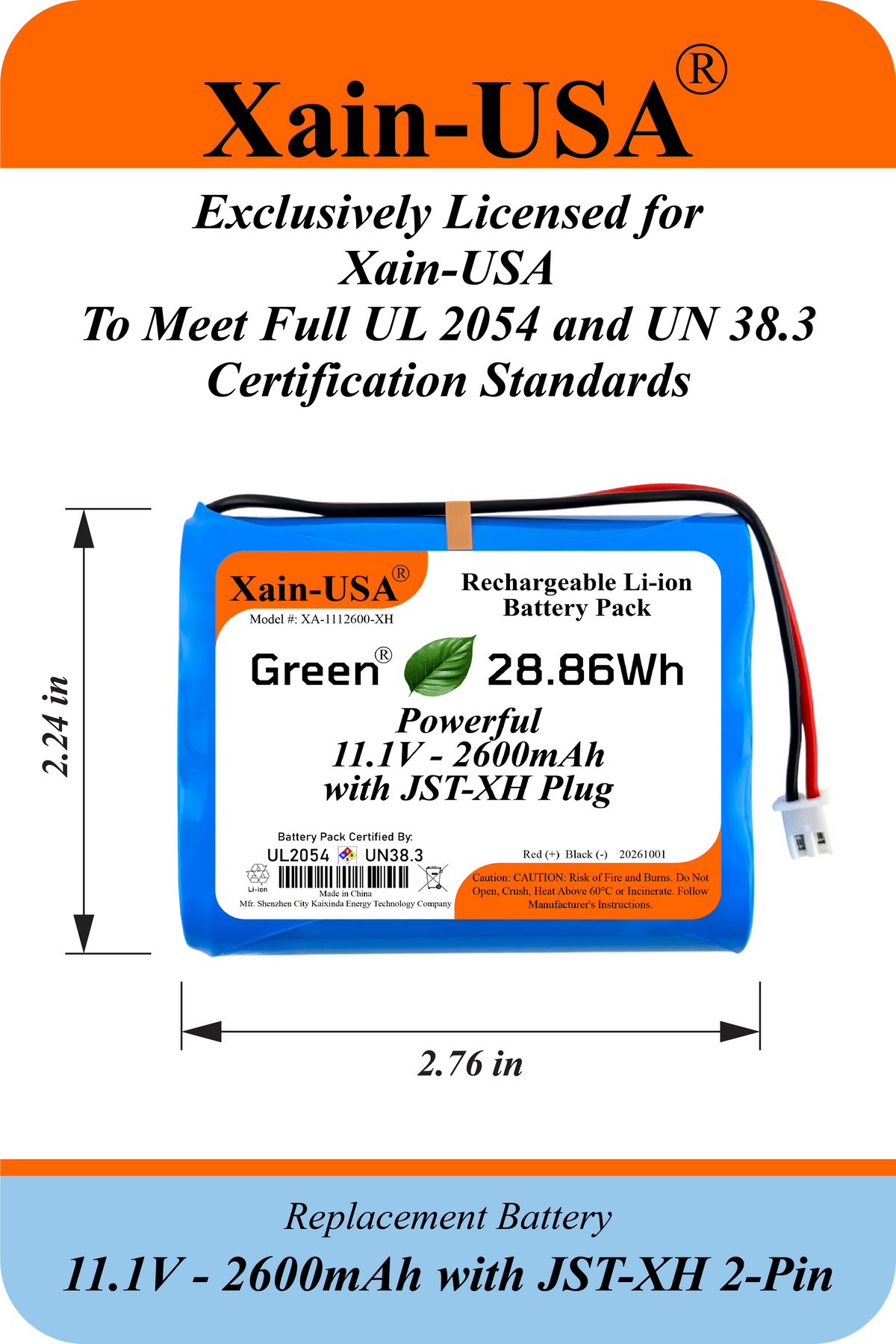 UL2054 Certified, 11.1V - 2600mAh Li-ion Battery, 5A Cont., JST-XH 2-Pin
