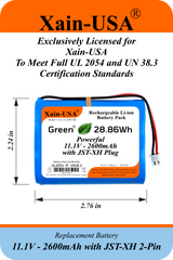 UL2054 Certified, 11.1V - 2600mAh Li-ion Battery, 5A Cont., JST-XH 2-Pin