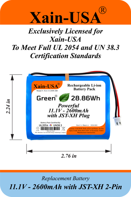 UL2054 Certified, 11.1V - 2600mAh Li-ion Battery, 5A Cont., JST-XH 2-Pin