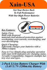 2-Pack: (Charger + 3.7V, 3200mAh Li-ion Rechargeable Battery). Ideal for flashlights, solar lights, torches, toys, radios, and other electronic devices.