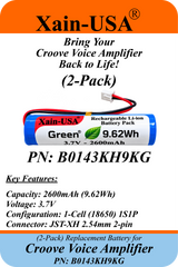 2-Pack 3.7V 2600mAh Replacement Battery for Croove Voice Amplifier PN B0143KH9KG, Rechargeable Li-ion 18650 Battery Pack, JST-XH2.54 2-Pin Connector, Built-in Protection, 9.62Wh