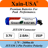 3.7V 2600mAh Li-ion Battery Pack with JST-SM 2-Pin Positive Polarity