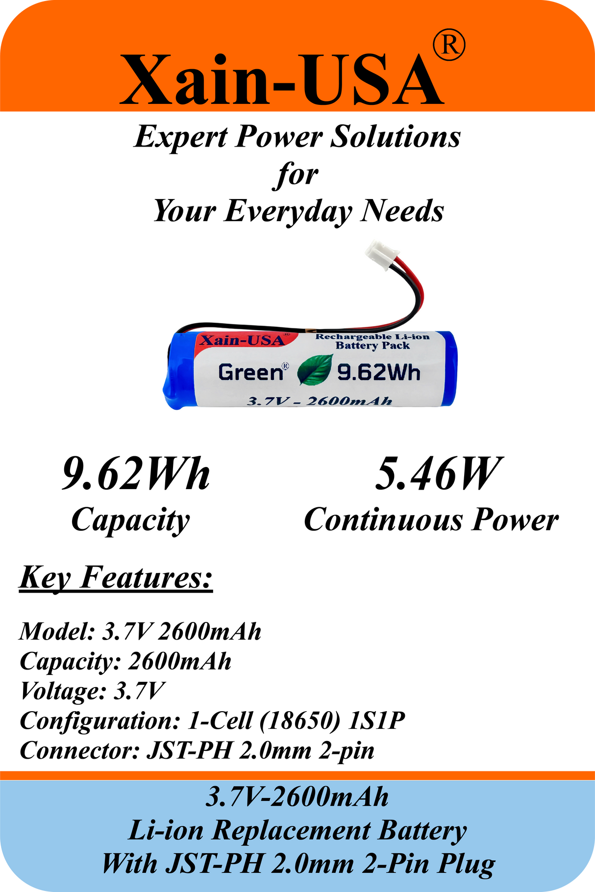 Premium 3.7V 2600mAh Replacement Battery – JST‑PH 2‑Pin Connector Compatible with flashlights, drones, voice amplifiers, RC toys, and a wide range of electronics.