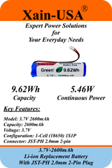 Premium 3.7V 2600mAh Replacement Battery – JST‑PH 2‑Pin Connector Compatible with flashlights, drones, voice amplifiers, RC toys, and a wide range of electronics.