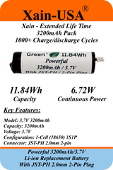 Xain-High Capacity 3.7V 3200mAh Li-ion Replacement Battery – JST‑PH 2‑Pin Connector / Long Lasting 1000+ Cycle / Compatible with flashlights, drones, RC toys, Solar Lights.