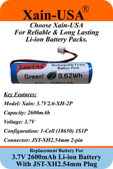 (2-Pack) 3.7V 2600mAh Li-ion Battery Pack (9.62Wh) with JST-XH 2-Pin Connector – Rechargeable 1S Pack for RC Cars, Robots, LED Lights, Portable Electronics, DIY Electronics Products