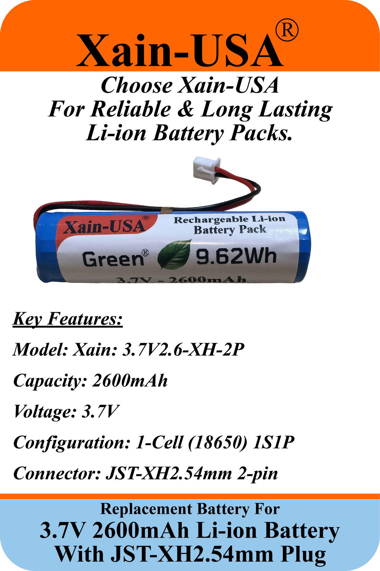 3.7V 2600mAh / JST-XH 2.54 2-Pin Plug / Li-ion Replacement battery / for Croove Amplifier, Toys, Lighting, Bluetooth Devices, DIY Electronics, and More