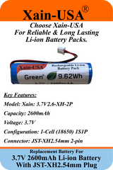 3.7V 2600mAh / JST-XH 2.54 2-Pin Plug / Li-ion Replacement battery / for Croove Amplifier, Toys, Lighting, Bluetooth Devices, DIY Electronics, and More
