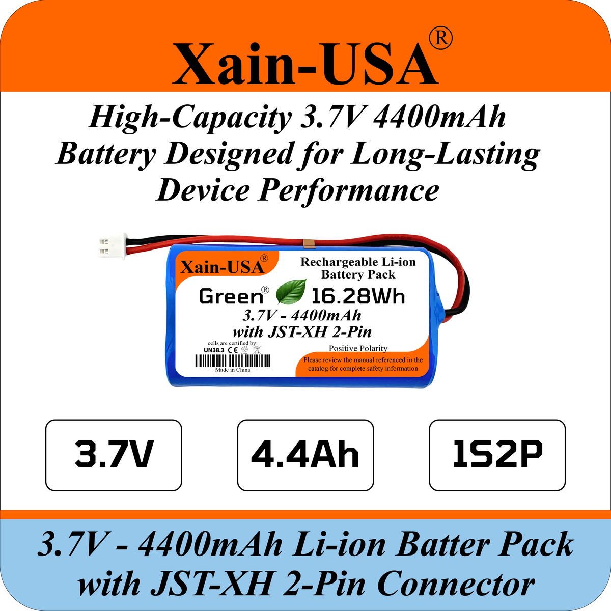 Xain-USA 3.7V 4400mAh Li-ion Battery Pack - JST-XH 2-Pin, Built-in BMS