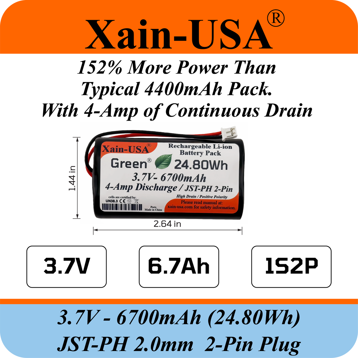 1S2P High-Capacity High-Drain 3.7V - 6700mAh Li-ion Battery Pack, with JST-PH 2-Pin Plug, 152% more power than 4400mAh, for Electronics, Solar Lights, GPS, Meshtastic Solar Node Project, Speakers