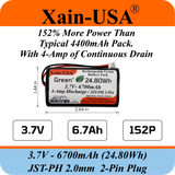 1S2P High-Capacity High-Drain 3.7V - 6700mAh Li-ion Battery Pack, with JST-PH 2-Pin Plug, 152% more power than 4400mAh, for Electronics, Solar Lights, GPS, Meshtastic Solar Node Project, Speakers