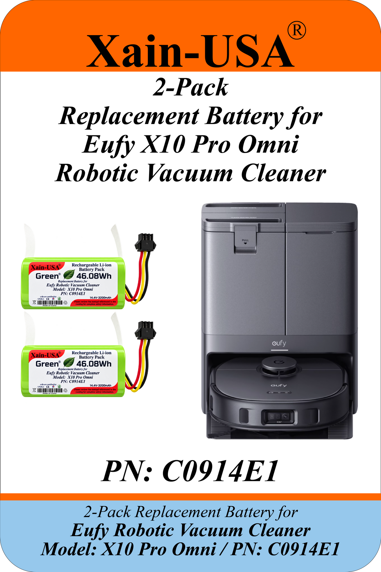 2-Pack 14.4V 3200mAh Replacement Batteries for Eufy X10 Pro Omni Robotic Vacuum Cleaner, PN C0914E1, with Built-in BMS and NTC Temperature Sensor