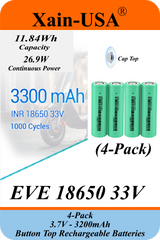 Xain-USA | 4-Pack 3.7V 3200mAh Headlight Batteries | EVE 33V 18650 Button Top Li-Ion Cells | 10A Discharge | Unprotected