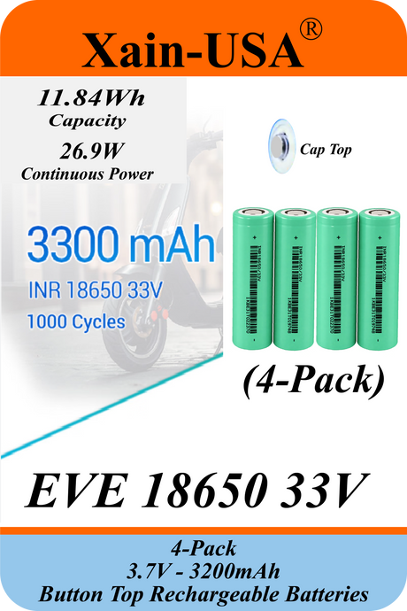 Xain-USA | 4-Pack 3.7V 3200mAh Headlight Batteries | EVE 33V 18650 Button Top Li-Ion Cells | 10A Discharge | Unprotected