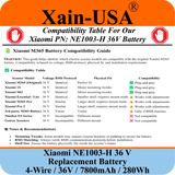 Replacement Battery For Xiaomi M365 PN: NE1003-H (36V 7800mAh, 280Wh) with Built-in Communication Protocol. Please See Our Catalog for Xiaomi Scooter Compatibility List.