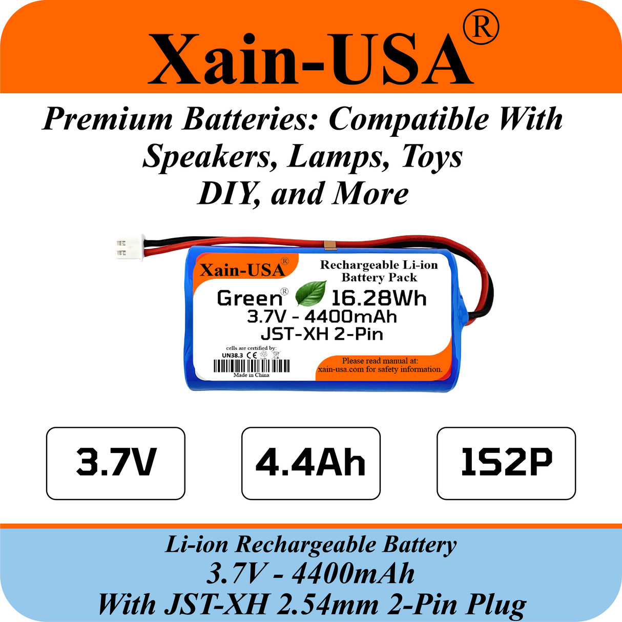 3.7V 4400mAh Li-ion Replacement Battery with JST-XH 2P 2.54mm Connector for Ortizan 24W Bluetooth Speaker IPX7, RC Toys, Lighting, DIY Equipment