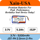 Long-Lasting 3.7V 5200mAh (19.24Wh) Rechargeable Li-ion Battery. Features JST-PH 2-Pin, Xain-Xtra 1000+ Cycle Cells, and Integrated 3-MOS BMS.