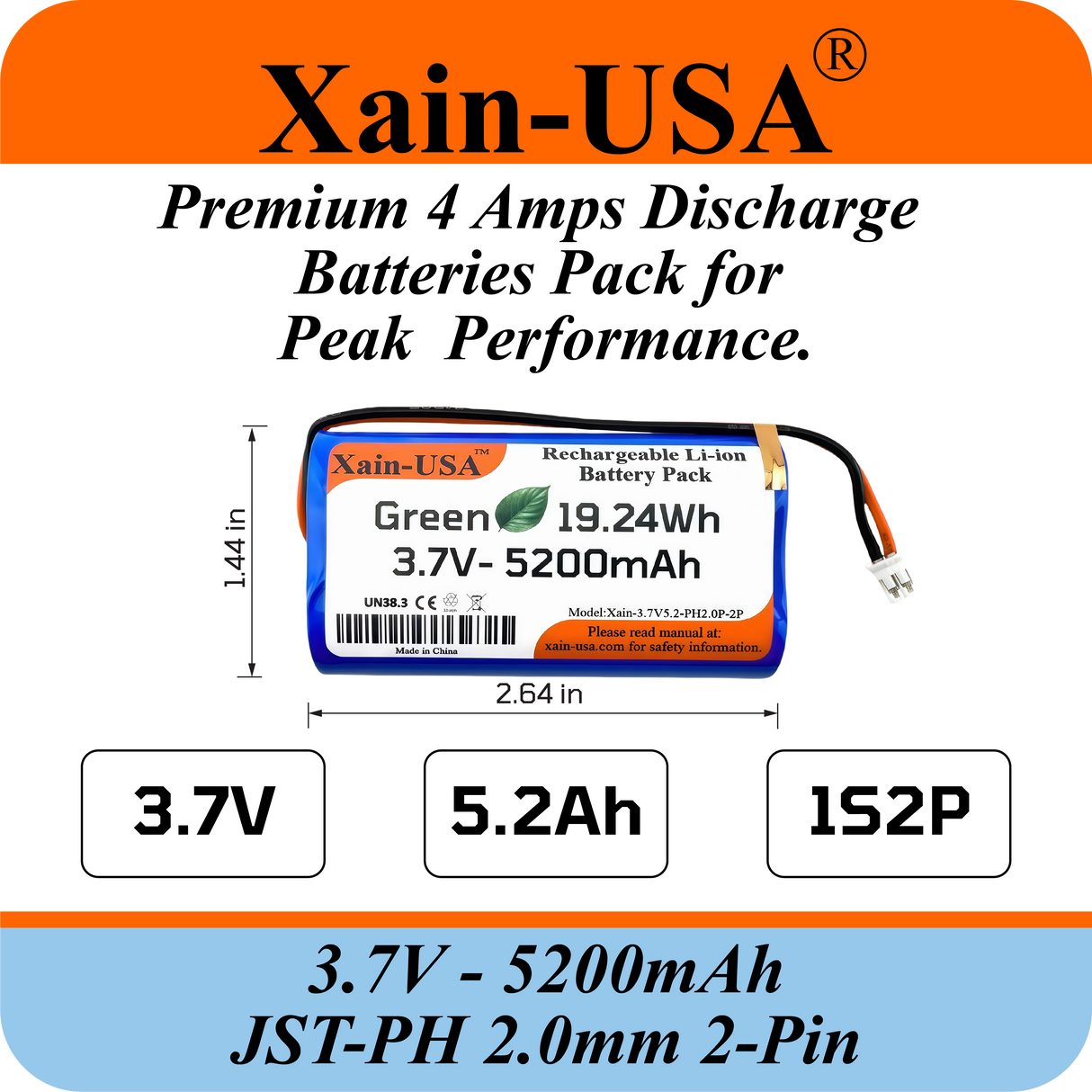 Premium 1S2P 3.7V 5200mAh / High Drain / Li-ion Battery Pack / with JST-PH 2-pin Plug / Supports 4A Continuous Discharge / Ideal for Bluetooth speakers, toys, lighting, and electronics.