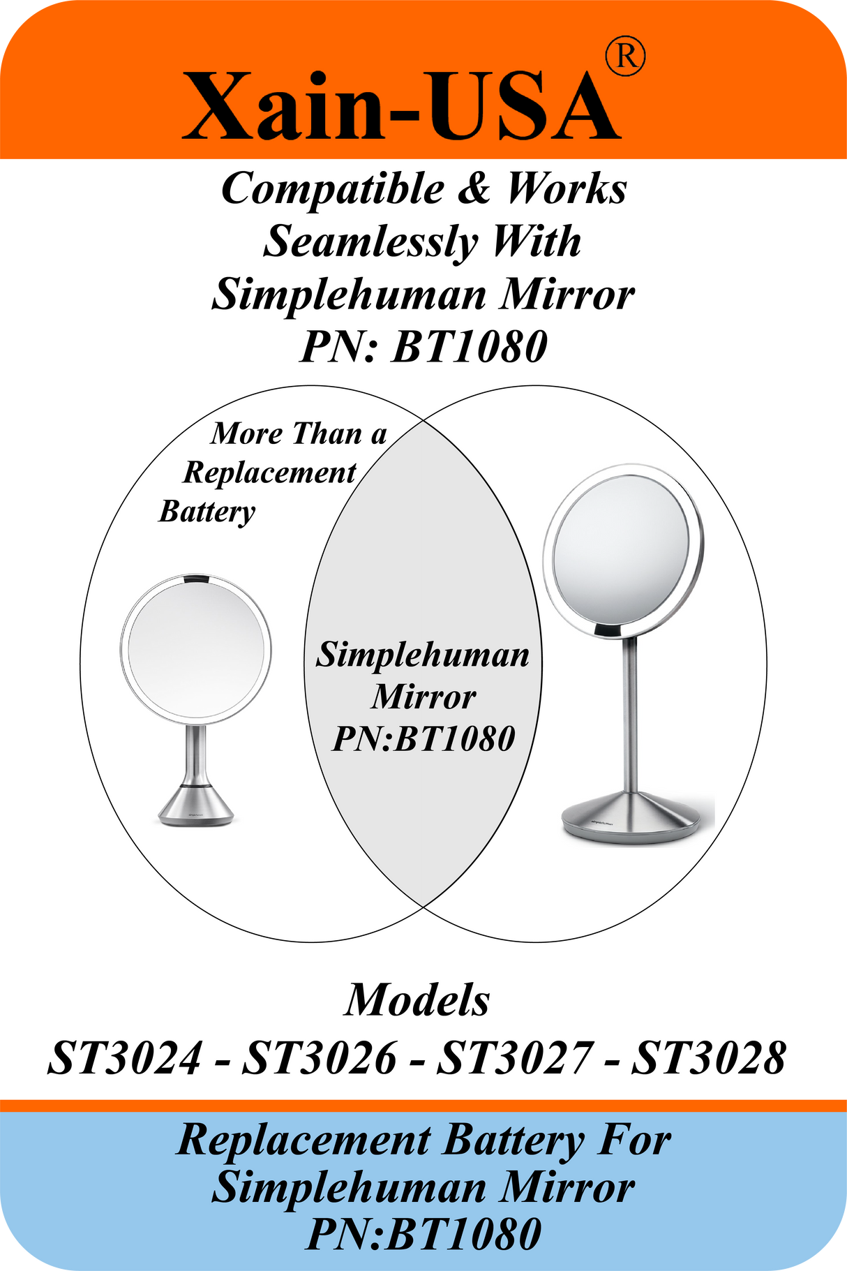 Replacement Battery PN: BT1080 for Simplehuman Mirrors (ST3024 ST3026 ST3027 ST3028) | 3.7V 6600mAh | Please Verify Part Number and Connector Before Purchase