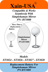 Replacement Battery PN: BT1080 for Simplehuman Mirrors (ST3024 ST3026 ST3027 ST3028) | 3.7V 6600mAh | Please Verify Part Number and Connector Before Purchase