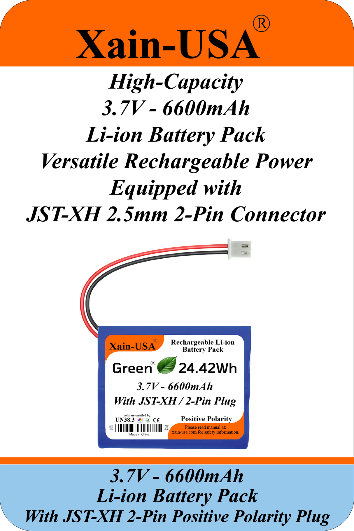 3.7V 2600mAh Li-ion Battery Pack with JST-XH 2-Pin Plug