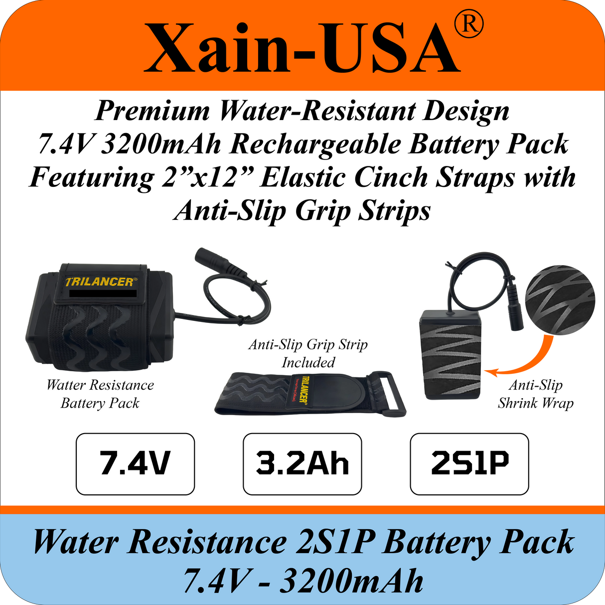Water‑Resistant 7.4V 3200mAh Battery Pack for Bike LED Lights, DC 5.5×2.1mm Female Plug