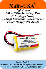 7.4V 3500mAh Li-ion Battery Pack for DIY Electronics and Robotics, JST-XH 3-Pin Connector, Balance Charging, Built-in BMS, 5A Continuous Discharge