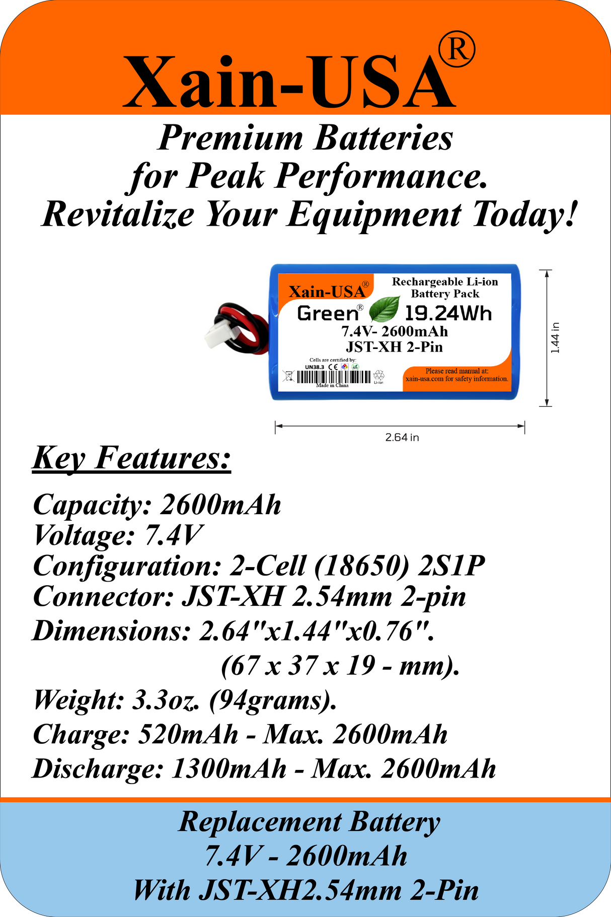 7.4V 2600mAh Rechargeable Battery with XH2.54-2P Connector – Perfect for DIY Electronics, Toys, Lighting, Radios, Speakers, Fishing Lights, Doorbells, Boomboxes, DVD Players, and More!