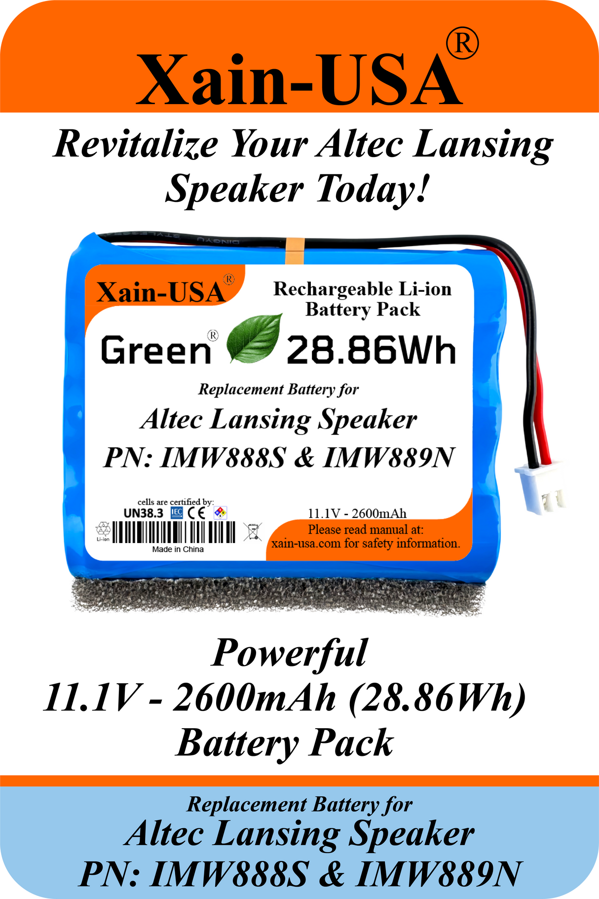 Xain-USA 11.1V 2600mAh Replacement Battery for Altec Lansing Super LifeJacket & Super LifeJacket Jolt – Fits Part No. INR18650-3S – Compatible with IMW888, IMW888S, IMW889, IMW889N – High-Capacity Li-ion Pack