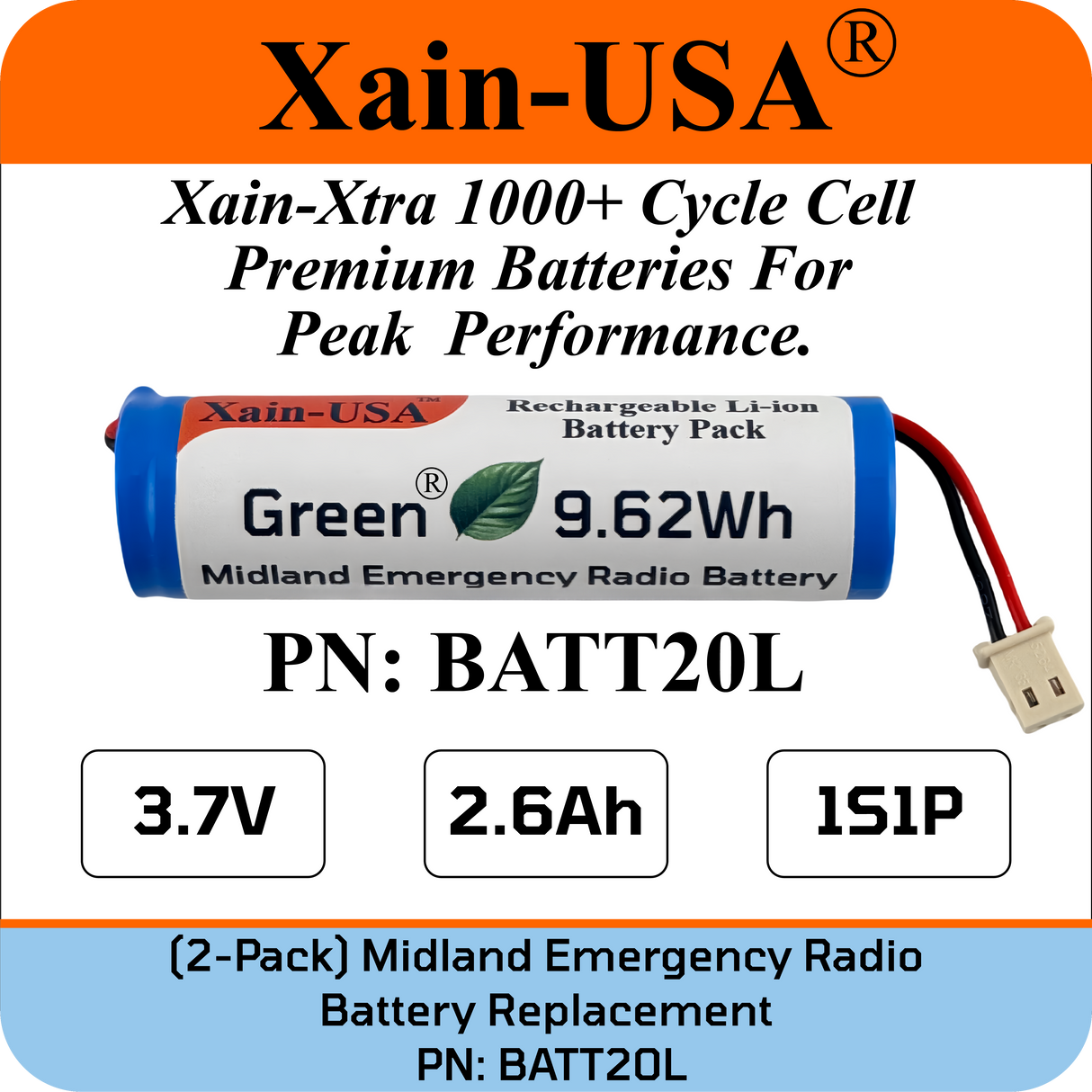 (2-Pack) PN: BATT20L Replacement Battery for Midland Emergency Radio ER200, ER300, ER210 (1st Gen), ER310 (1st Gen) – 2600mAh Li-ion, Future Xain-Xtra 1000+ Cycle Cell
