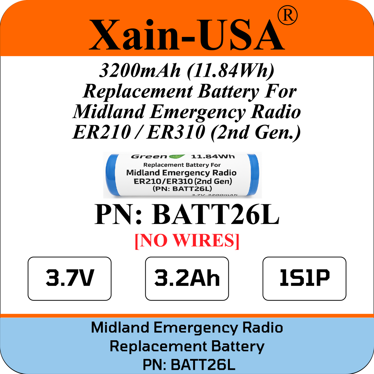 Long Lasting 3200mAh Replacement Battery for Midland Emergency Radio ER210/ER310 (2nd Gen) / PN: BATT26L.