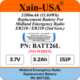 Long Lasting 3200mAh Replacement Battery for Midland Emergency Radio ER210/ER310 (2nd Gen) / PN: BATT26L.