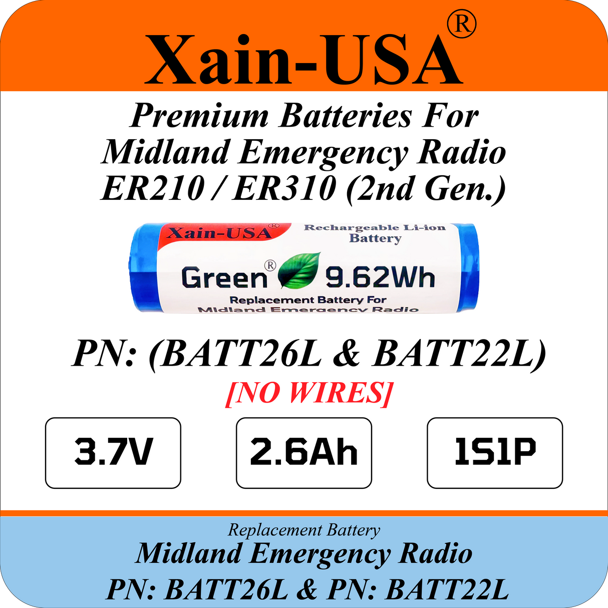 Battery Replacement for Midland ER210/ER310 (2nd Gen.)  / PN: BATT26L and PN:BATT22L / 2600mAh / with Built-in BMS