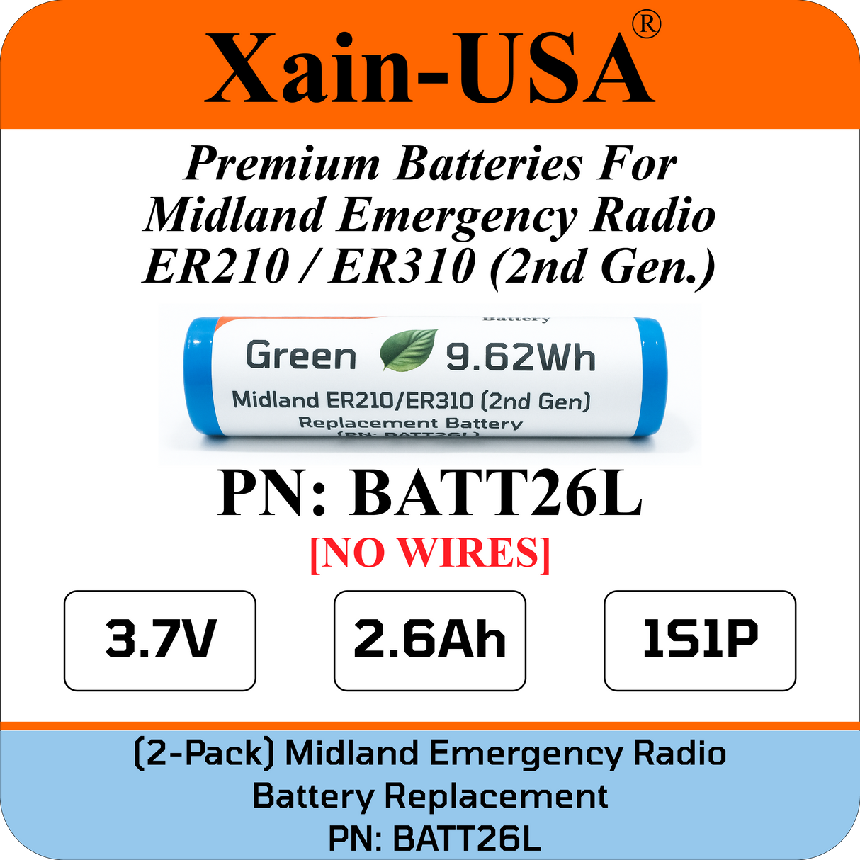 (2-Pack) Replacement Battery for Midland Emergency Radio ER210 (2nd Gen.) & ER310 (2nd Gen.)  PN: BATT26L 2600mAh