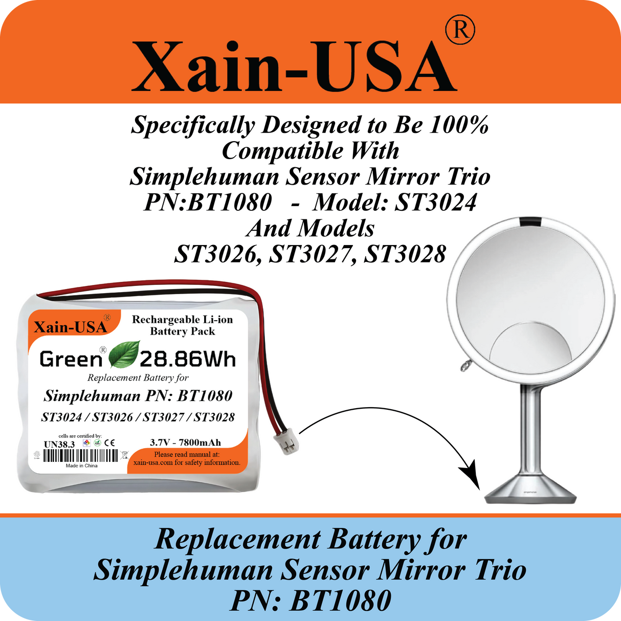 7800mAh ULTRA-CAPACITY Replacement Battery for Simplehuman PN:BT1080 Model: ST3024 Sensor Mirror Trio, 3.7V Rechargeable Li-ion Pack, Built with Xain-Xtra Cells for 1000+ Cycles, Twice the Lifespan of Standard Cells