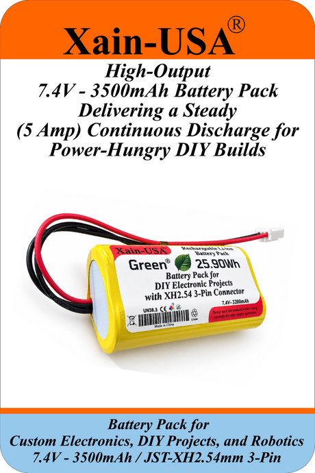 7.4V 3500mAh Li-ion Battery Pack for DIY Electronics and Robotics, JST-XH 3-Pin Connector, Balance Charging, Built-in BMS, 5A Continuous Discharge