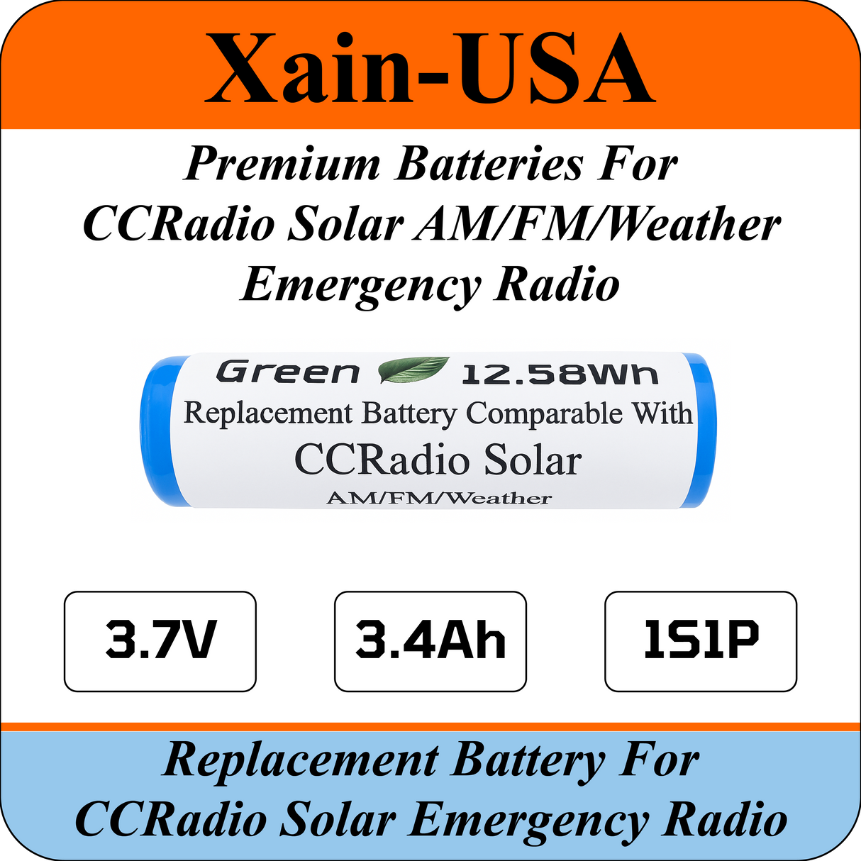 Replacement battery for the CCRadio Solar AM/FM/Weather Emergency Radio, Protected 3.7V Li-ion 3400mAh.