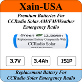 Replacement battery for the CCRadio Solar AM/FM/Weather Emergency Radio, Protected 3.7V Li-ion 3400mAh.