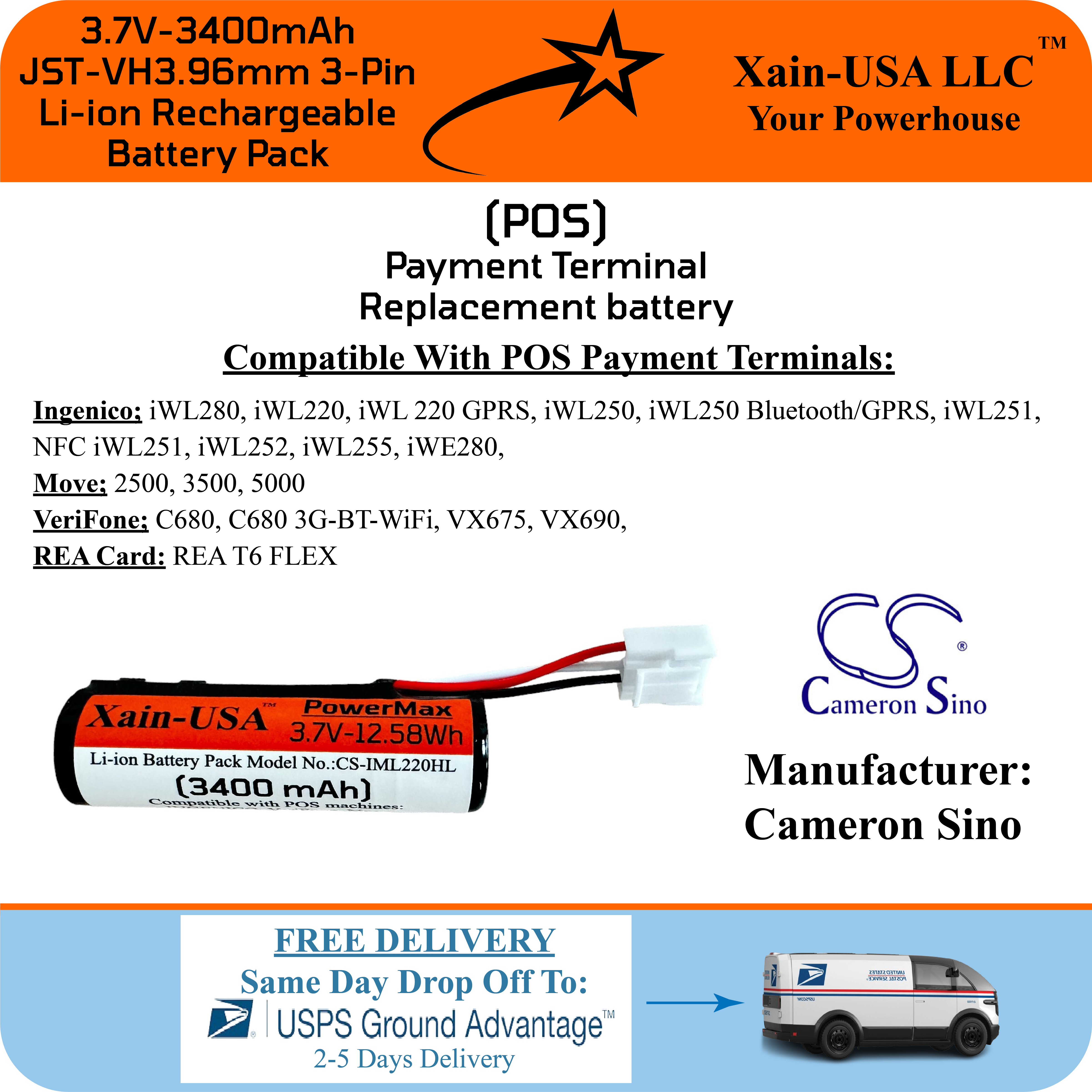 3.7V 3400mAh Li-ion Battery for Credit Card Readers, Compatible with VeriFone BPK260-002-01-A, Replacement for VeriFone BPK265-001 Battery