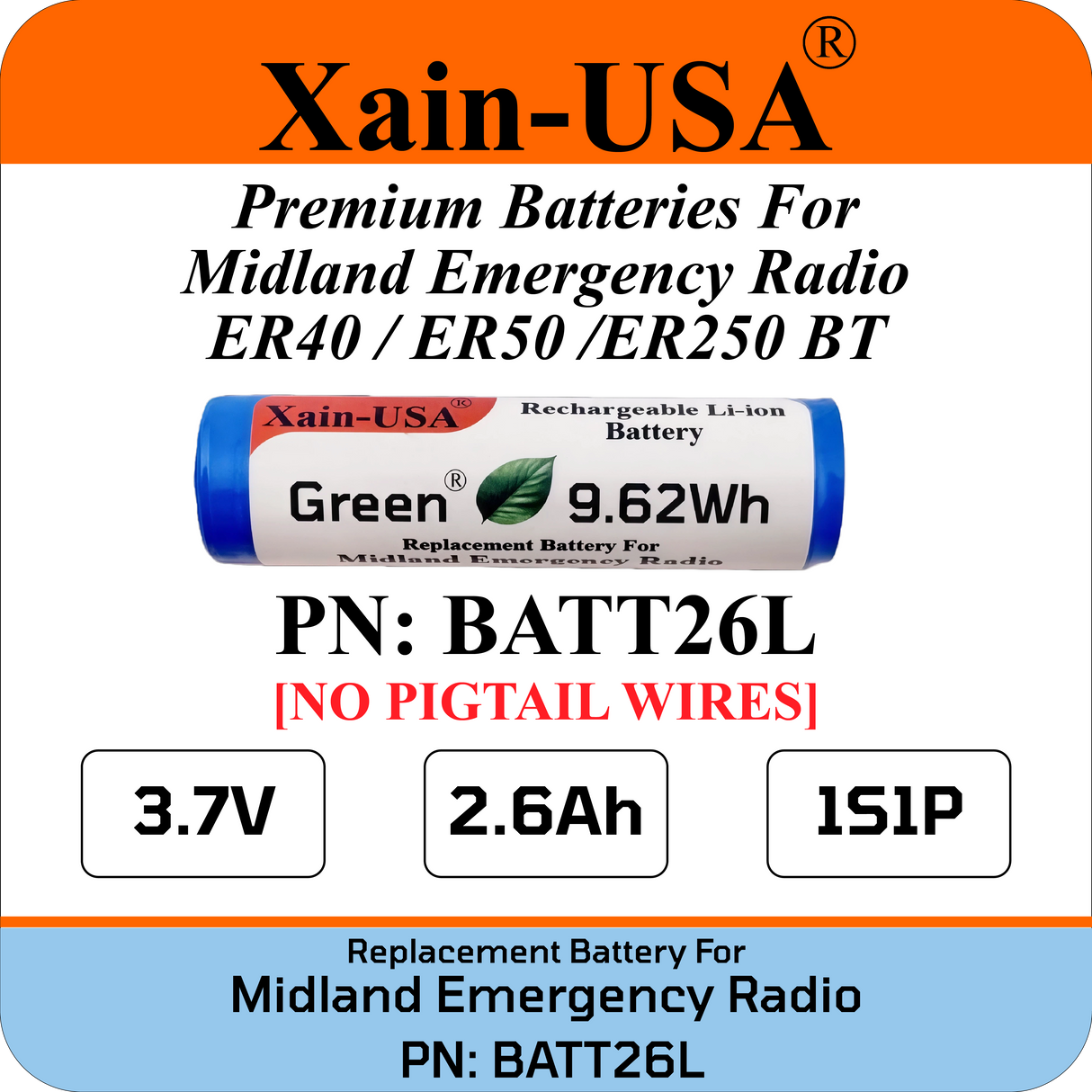Replacement Battery for Midland Emergency Radio Models ER40 ER50 ER250BT  (PN: BATT26L) 2600mAh.