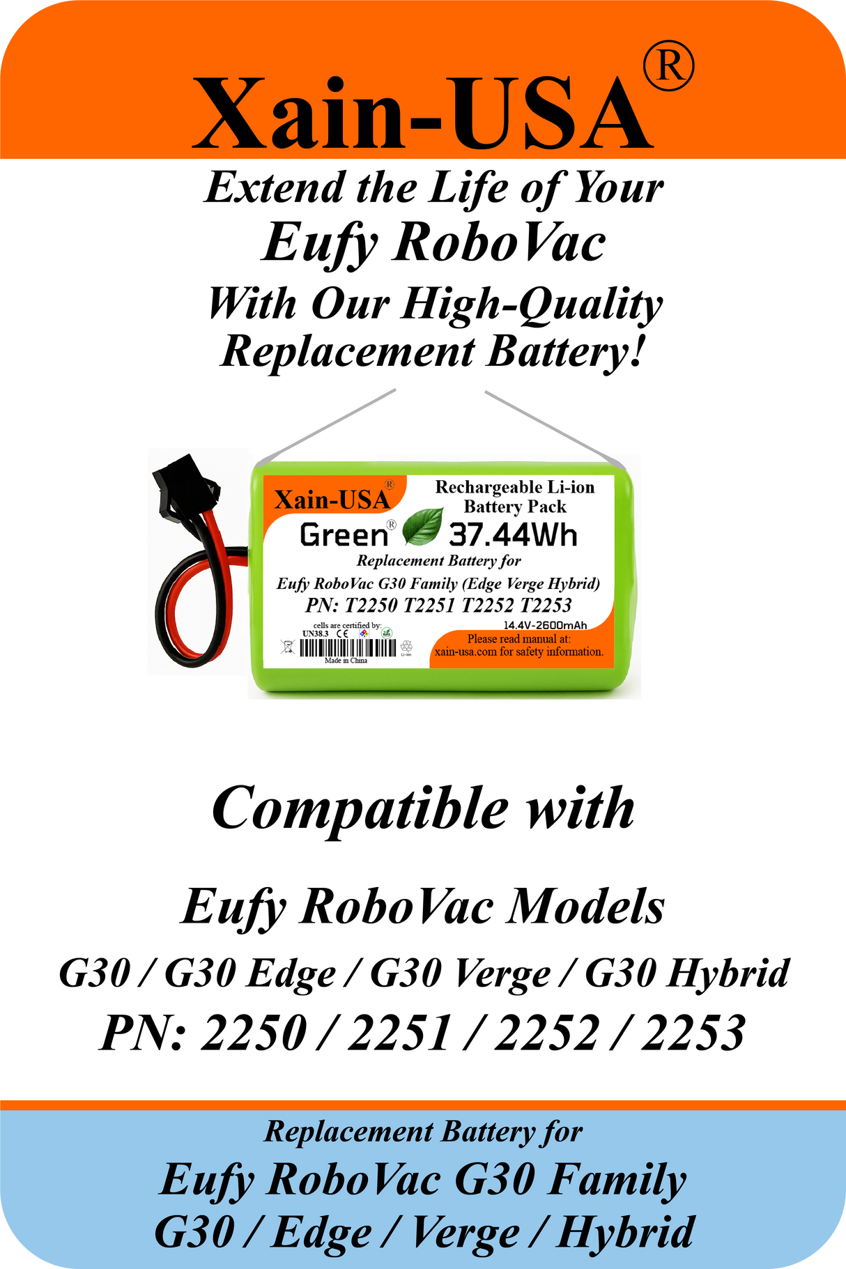 14.4V 2600mAh Li-ion Replacement Battery for Eufy RoboVac  G30 (T2250) / G30 Edge (T2251) / G30 Verge (T2252) / G30 Hybrid (T2253)  3-Pin Connector  High-Capacity Rechargeable Battery Pack