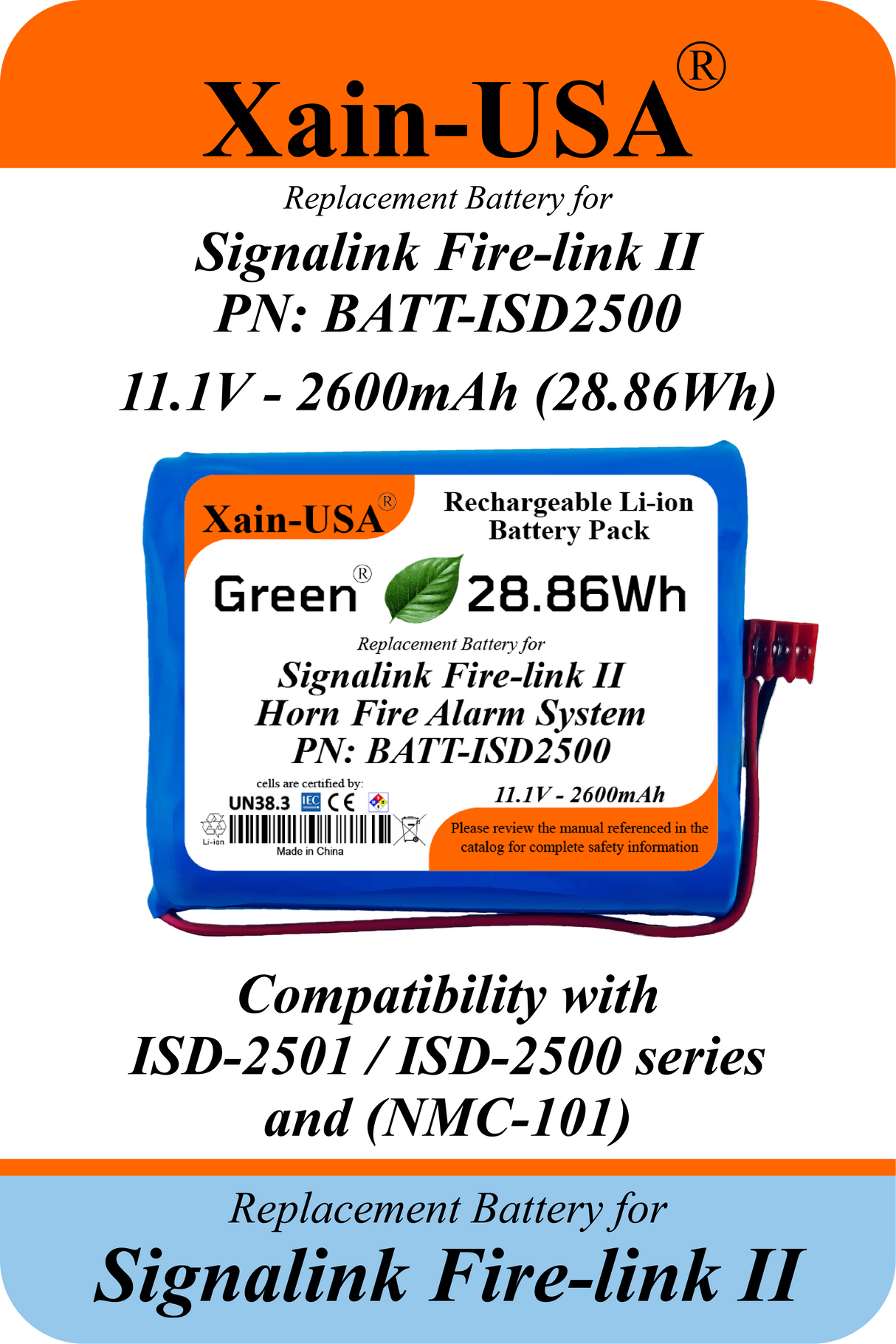 6 - pack 11.1V 2600mAh Replacement Battery for Signalink Fire-Link II Fire Alarm System, BATT-ISD2500, ISD-2500, ISD-2501, NMC-101, IDC 3-640440-3 Connector, Built-in BMS, 28.86Wh (Copy)