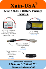 (2x2) SMART Battery Package / 3200mAh High-Capacity Replacement for FOXPRO Hellcat Pro Game Caller. Featuring Xain-Extra cells 1000 charge cycles. Comes with charger adapter / PN: 34317 / 11.1V 3S1P