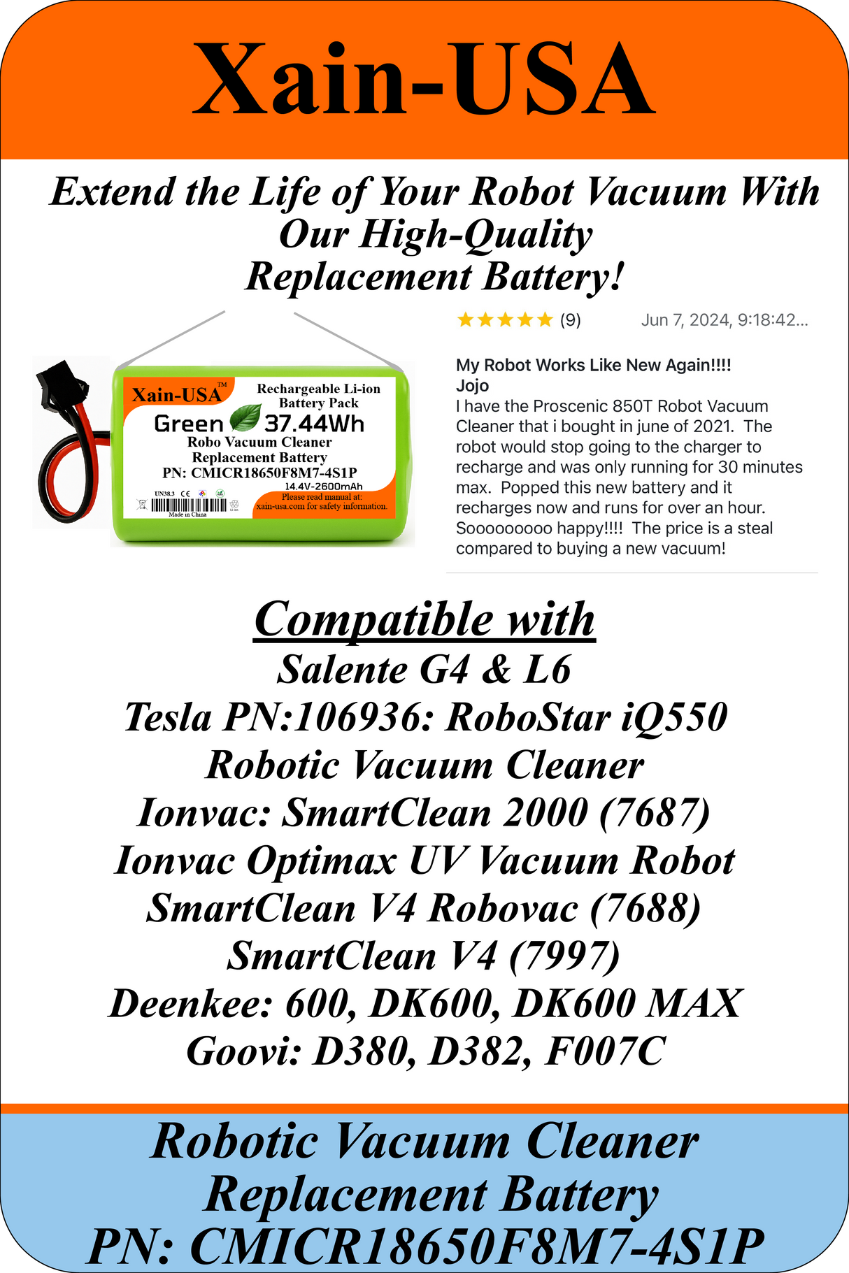 Replacement Battery for Salente  G4 & L6 Robot Vacuum Cleaners PN: 106936, 14.4V - 2600mAh  (37.4Wh) with Built-in Battery Management System (BMS)