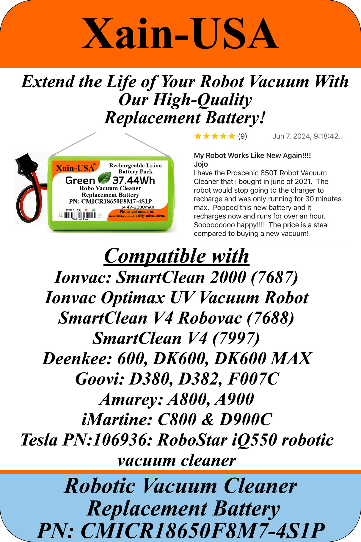 Replacement Battery for Amarey A800 and Amarey A900, Robot Vacuum Cleaners 14.4V - 2600mAh&nbsp; (37.4Wh) with Built-in Battery Management System (BMS)