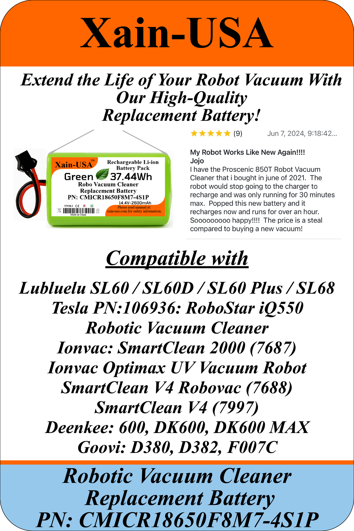 Replacement Battery for Lubluelu SL60, SL60D, SL60 Plus, SL68 Robot Vacuum Cleaners 14.4V - 2600mAh  (37.4Wh) with Built-in Battery Management System (BMS)